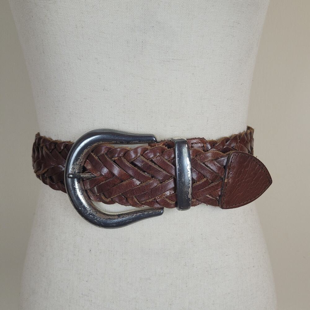Vintage Express Belt Large Brown Braided Woven Leather Wide Waist Western Boho